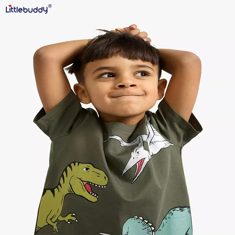 2025 Boys T-Shirt Olive Green Dino Print - Image 3