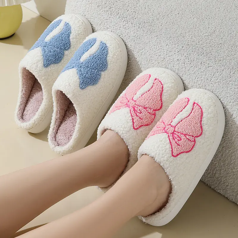 New Winter Home Cute Cartoon Bow Cotton Slippers for Men and Women Couples Warm Indoor Cotton Slippers