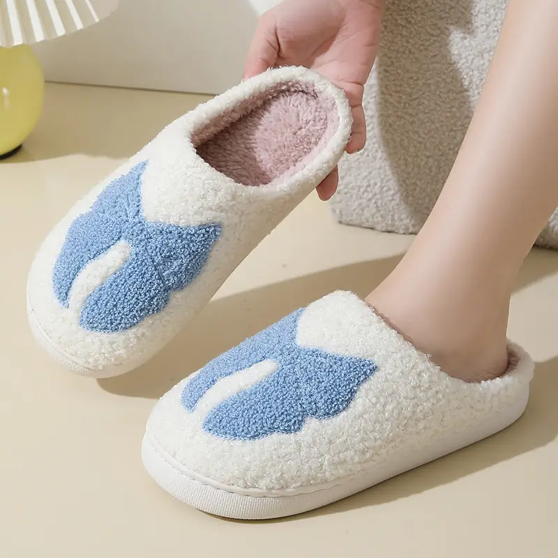 New Winter Home Cute Cartoon Bow Cotton Slippers for Men and Women Couples Warm Indoor Cotton Slippers
