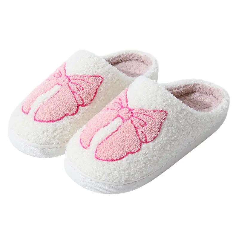New Winter Home Cute Cartoon Bow Cotton Slippers for Men and Women Couples Warm Indoor Cotton Slippers