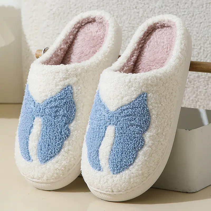 New Winter Home Cute Cartoon Bow Cotton Slippers for Men and Women Couples Warm Indoor Cotton Slippers