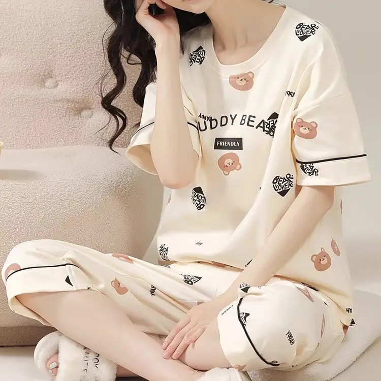 Summer Women's Pajamas Short-Sleeved Cropped Pants Cardigan Suit Loose and Simple Summer Wearable Home Clothes Wholesale
