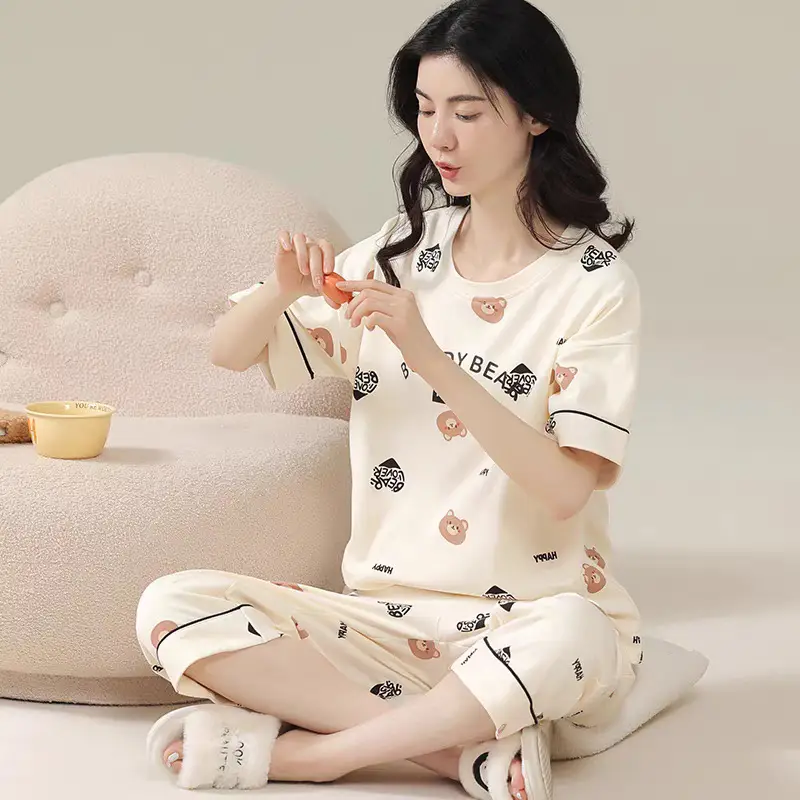 Summer Women's Pajamas Short-Sleeved Cropped Pants Cardigan Suit Loose and Simple Summer Wearable Home Clothes Wholesale
