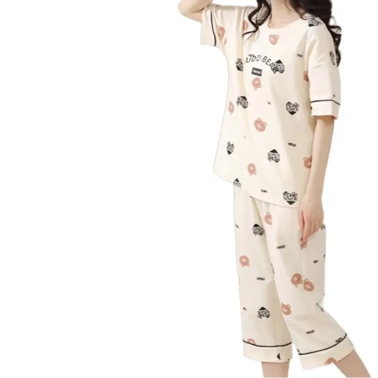 Summer Women's Pajamas Short-Sleeved Cropped Pants Cardigan Suit Loose and Simple Summer Wearable Home Clothes Wholesale