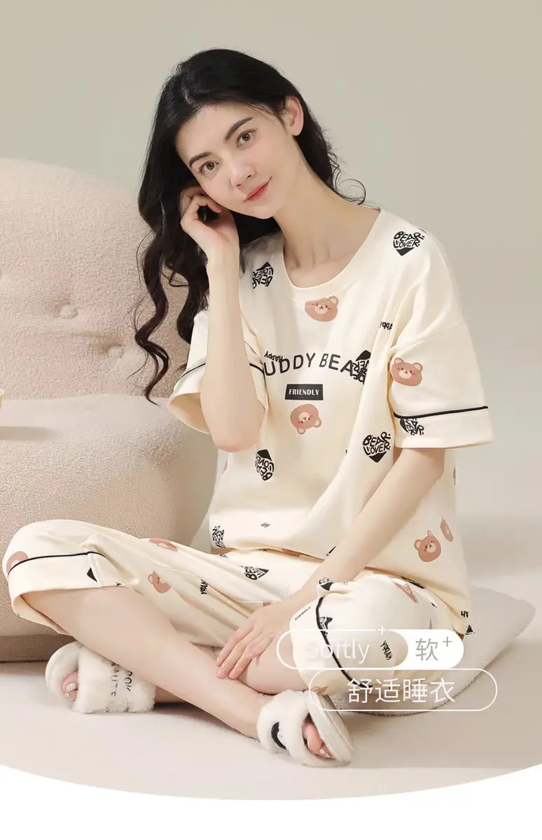 Summer Women's Pajamas Short-Sleeved Cropped Pants Cardigan Suit Loose and Simple Summer Wearable Home Clothes Wholesale — feature 1