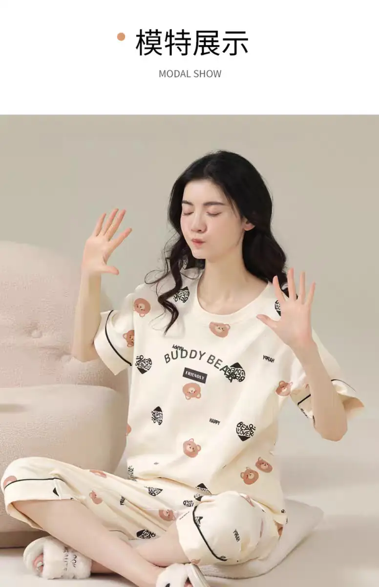 Summer Women's Pajamas Short-Sleeved Cropped Pants Cardigan Suit Loose and Simple Summer Wearable Home Clothes Wholesale — feature 5
