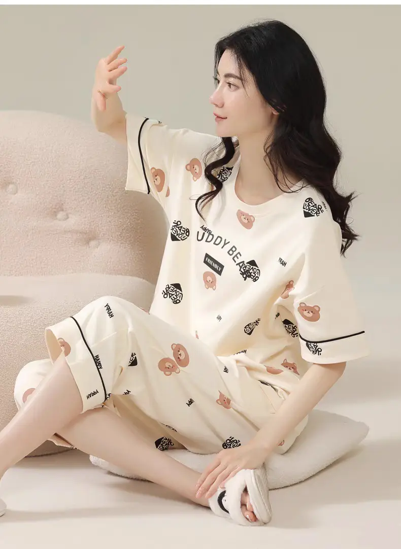 Summer Women's Pajamas Short-Sleeved Cropped Pants Cardigan Suit Loose and Simple Summer Wearable Home Clothes Wholesale — feature 6
