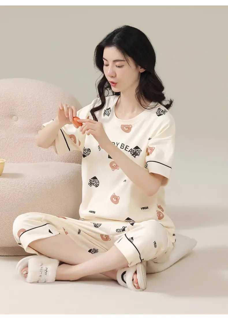 Summer Women's Pajamas Short-Sleeved Cropped Pants Cardigan Suit Loose and Simple Summer Wearable Home Clothes Wholesale — feature 7