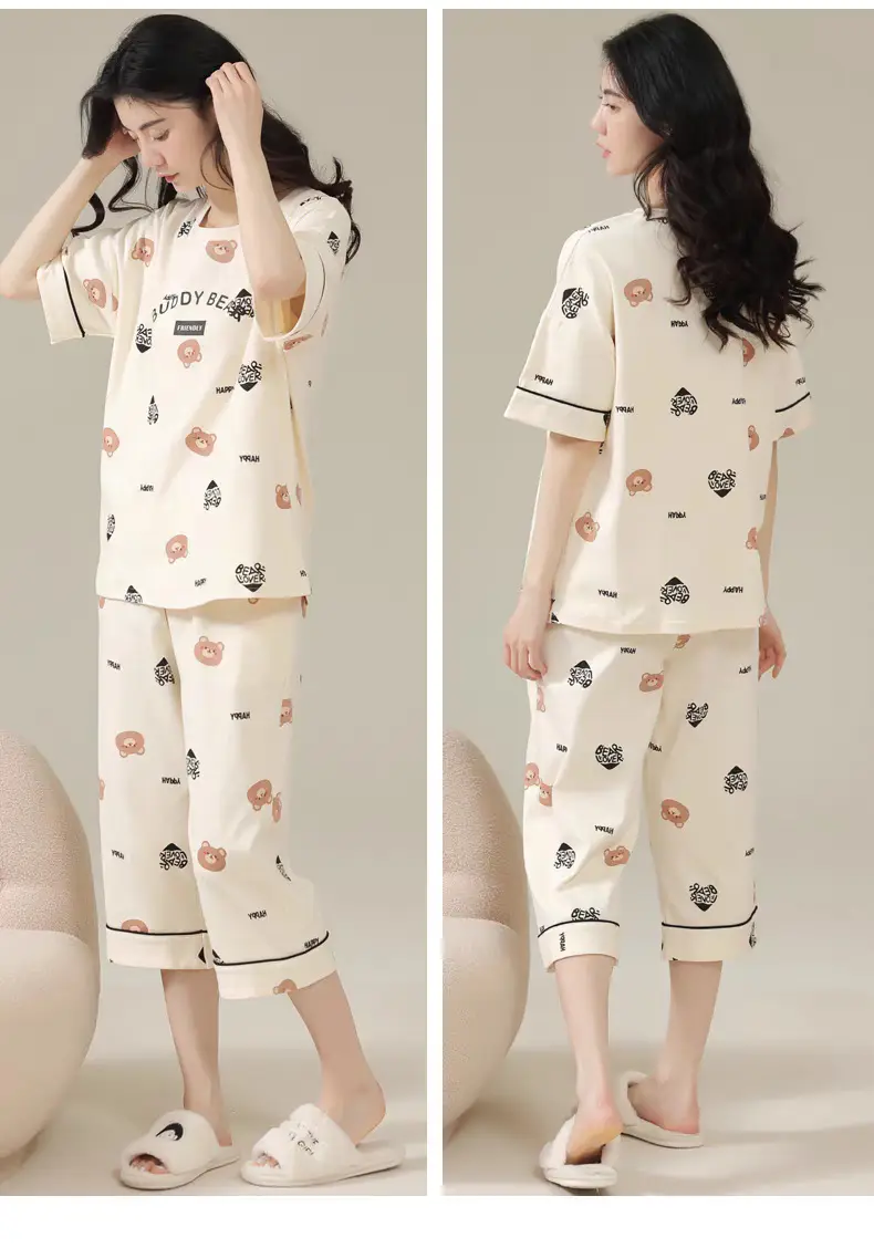 Summer Women's Pajamas Short-Sleeved Cropped Pants Cardigan Suit Loose and Simple Summer Wearable Home Clothes Wholesale — feature 8