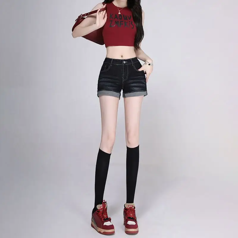 Women Dark Blue Wide Leg Denim Shorts 2025