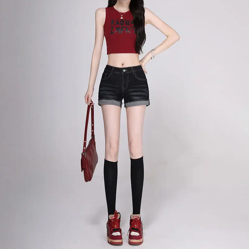 Women Dark Blue Wide Leg Denim Shorts 2025