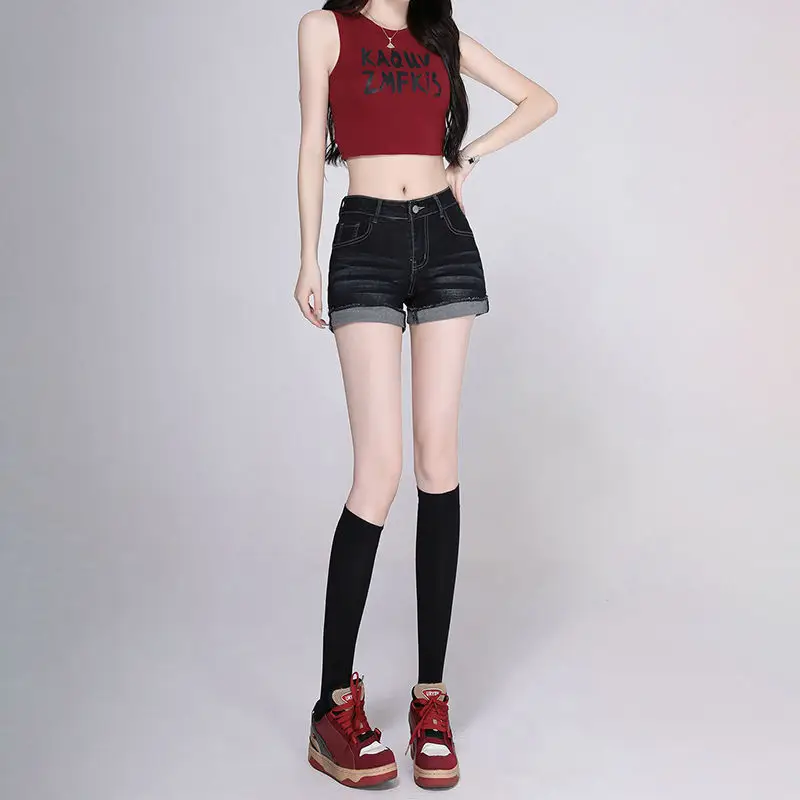 Women Dark Blue Wide Leg Denim Shorts 2025
