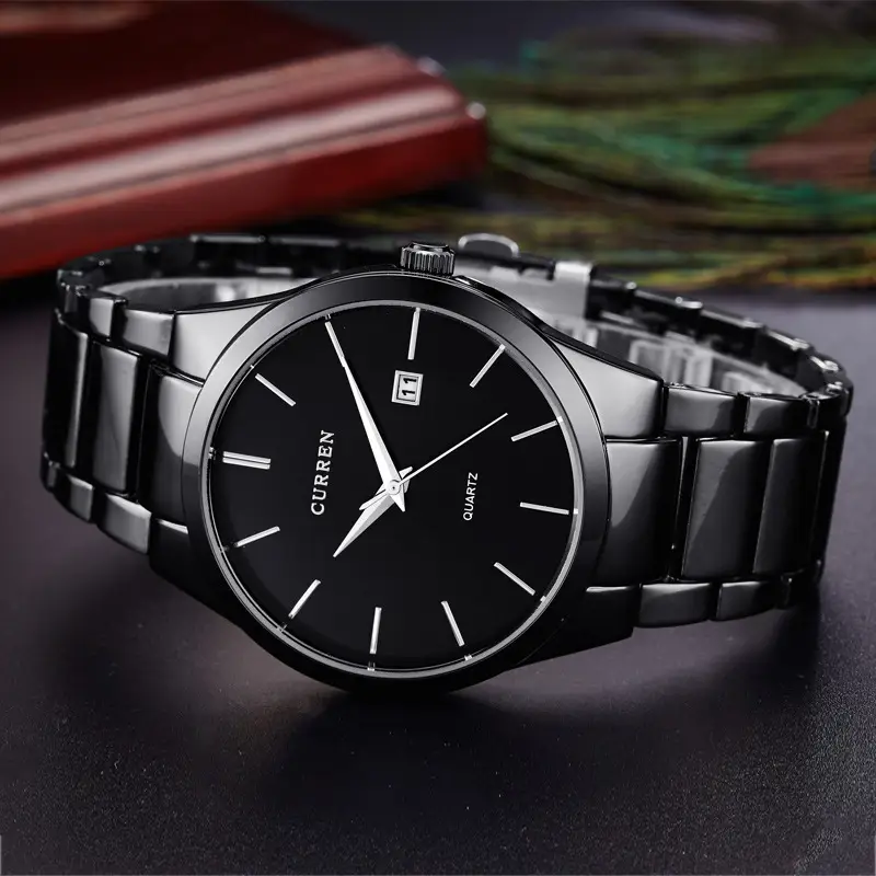 Men's Black Quartz Steel Band Watch with Calendar - Image 9