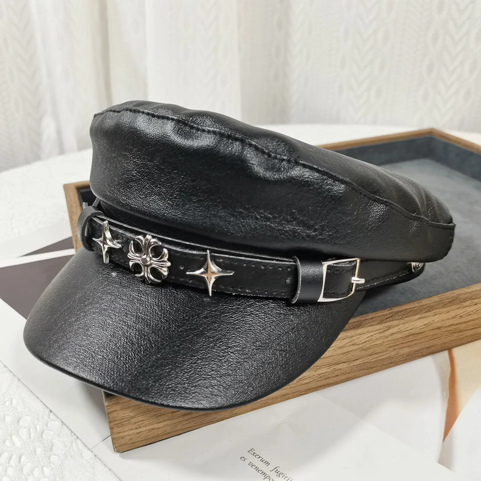 Navy Diamond Encrusted Women's Flat Cap Hat - Image 9