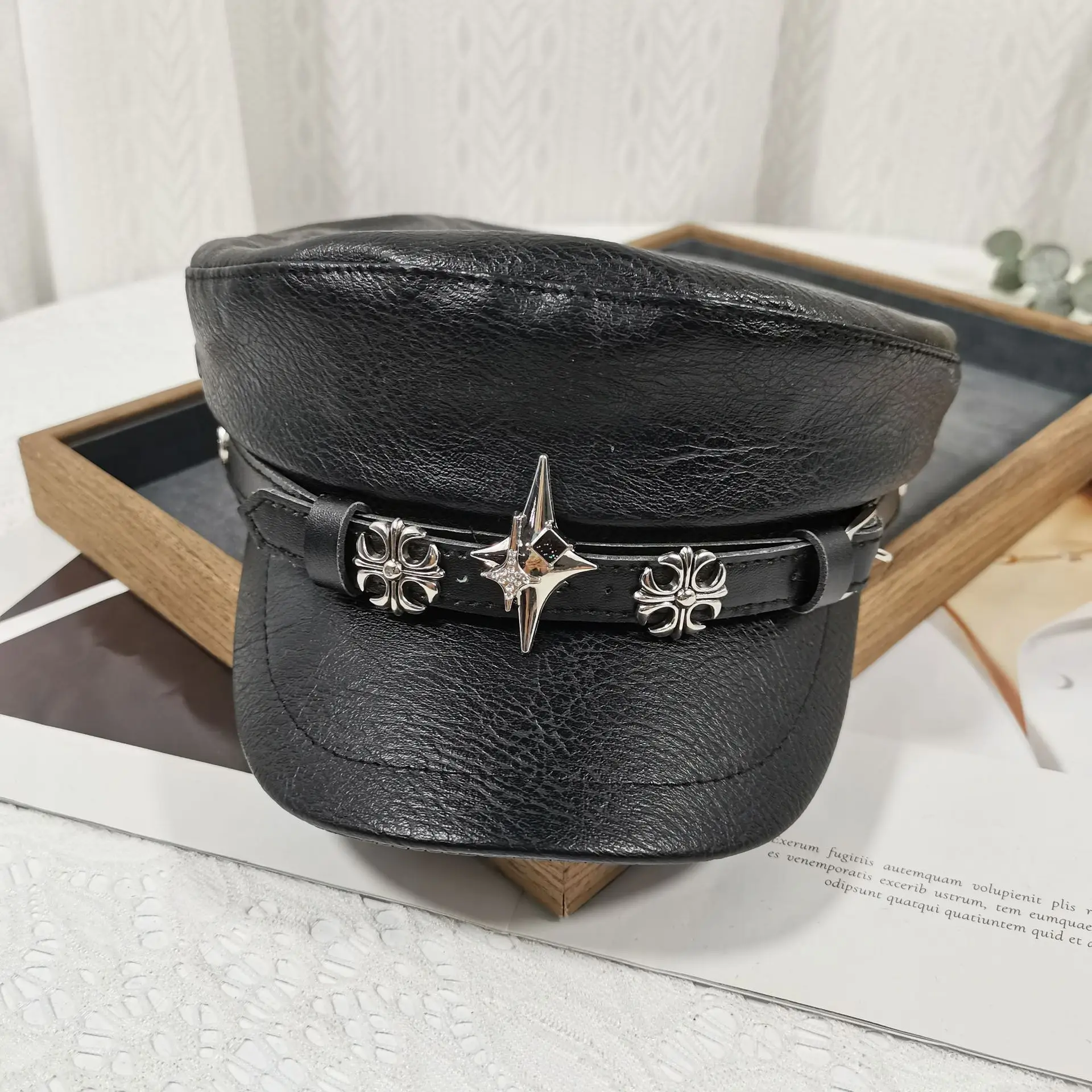 Navy Diamond Encrusted Women's Flat Cap Hat - Image 10