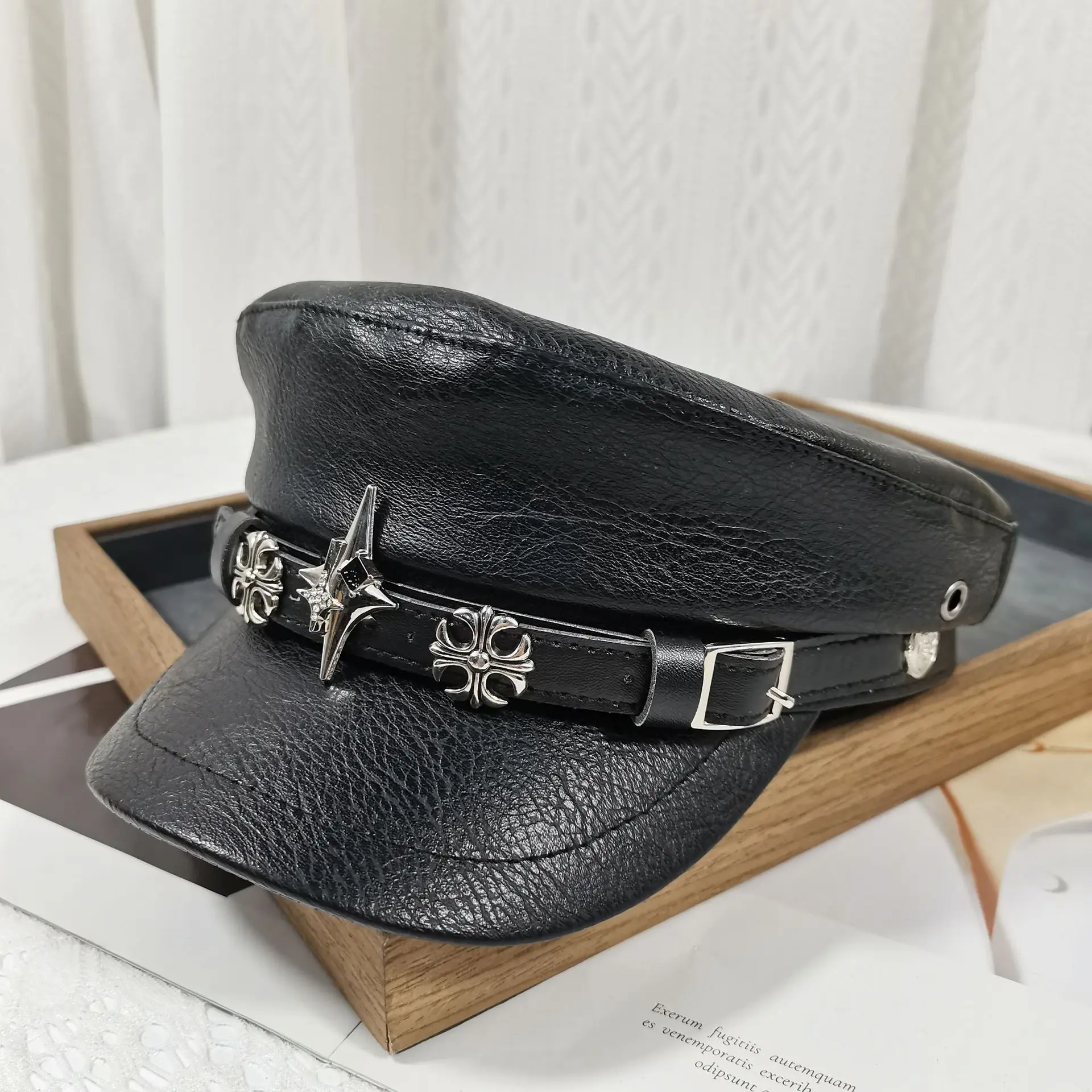 Navy Diamond Encrusted Women's Flat Cap Hat - Image 2