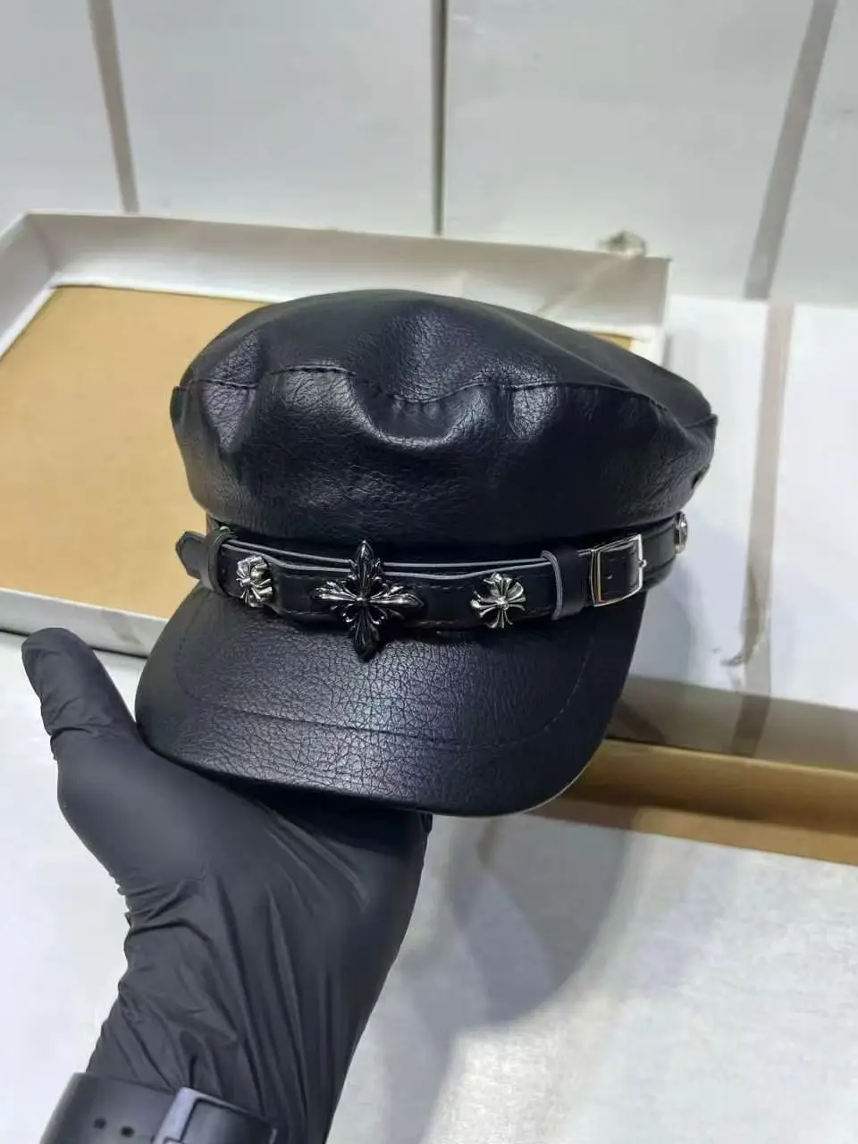 Navy Diamond Encrusted Women's Flat Cap Hat - Image 4