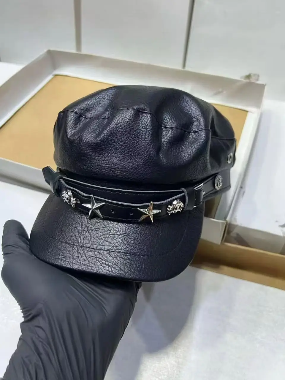 Navy Diamond Encrusted Women's Flat Cap Hat - Image 5