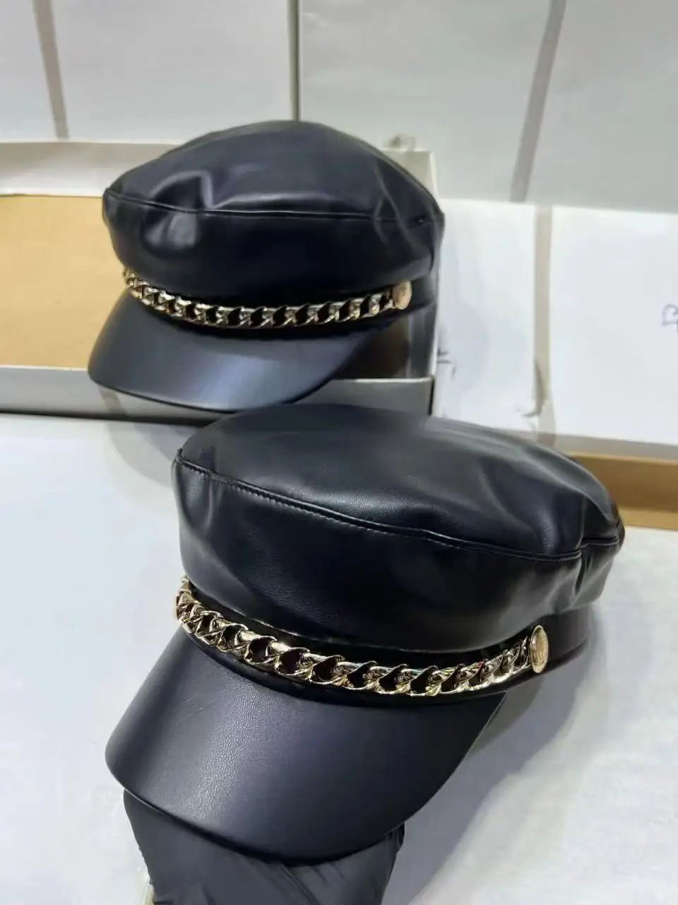 Navy Diamond Encrusted Women's Flat Cap Hat - Image 6