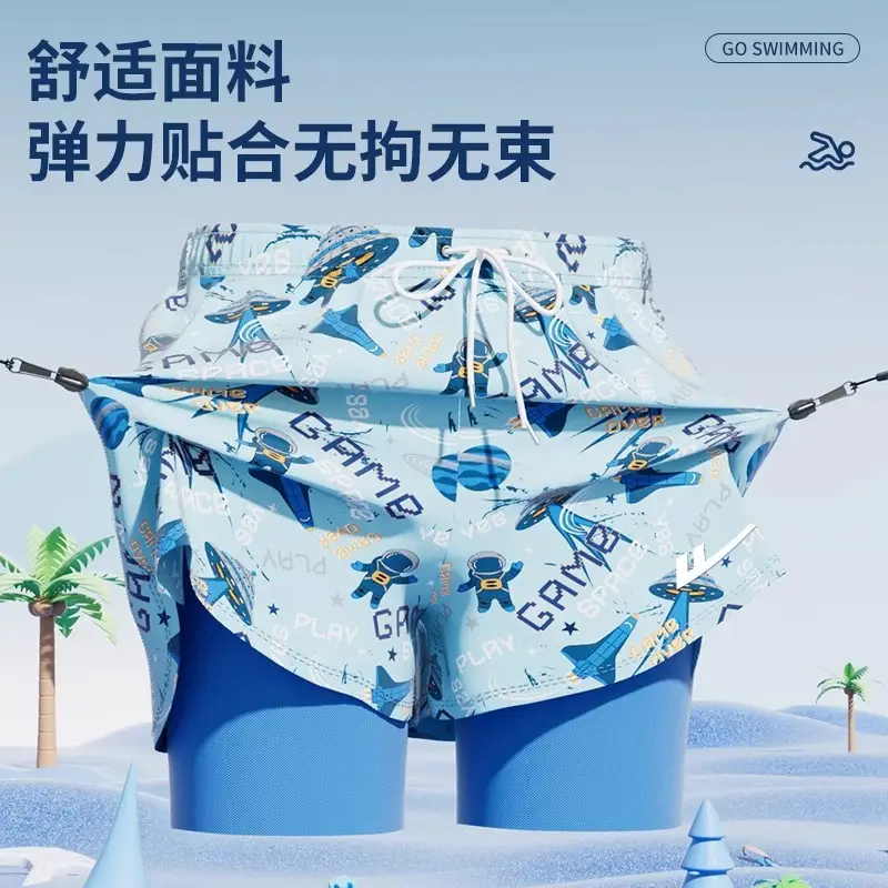 Pull Back Kidsren's Swimming Trunks, Boys, Middle and Large Kidsren's Swimming Suits, Double-Layer Anti-Embarrassment Professional Swimming Suits and Equipment Complete Set