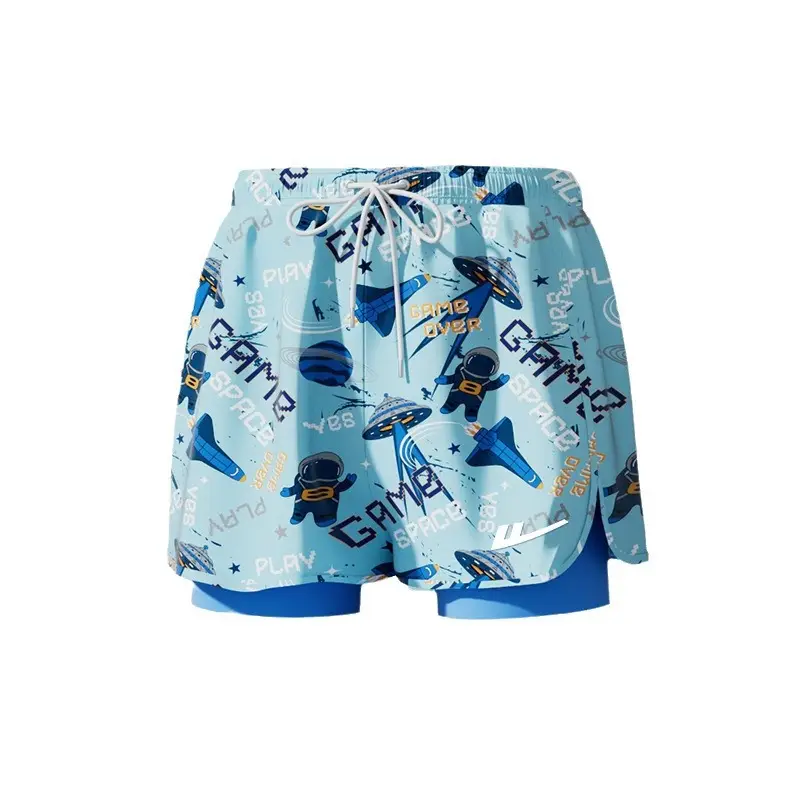Pull Back Kidsren's Swimming Trunks, Boys, Middle and Large Kidsren's Swimming Suits, Double-Layer Anti-Embarrassment Professional Swimming Suits and Equipment Complete Set