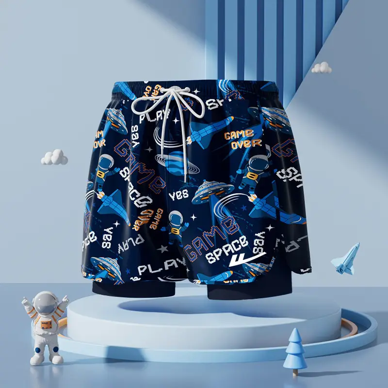 Pull Back Kidsren's Swimming Trunks, Boys, Middle and Large Kidsren's Swimming Suits, Double-Layer Anti-Embarrassment Professional Swimming Suits and Equipment Complete Set