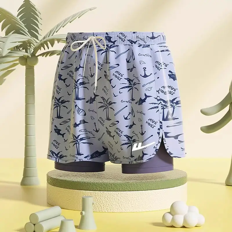 Pull Back Kidsren's Swimming Trunks, Boys, Middle and Large Kidsren's Swimming Suits, Double-Layer Anti-Embarrassment Professional Swimming Suits and Equipment Complete Set