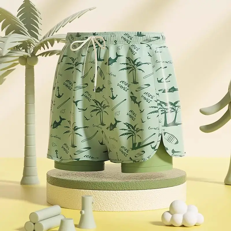 Pull Back Kidsren's Swimming Trunks, Boys, Middle and Large Kidsren's Swimming Suits, Double-Layer Anti-Embarrassment Professional Swimming Suits and Equipment Complete Set