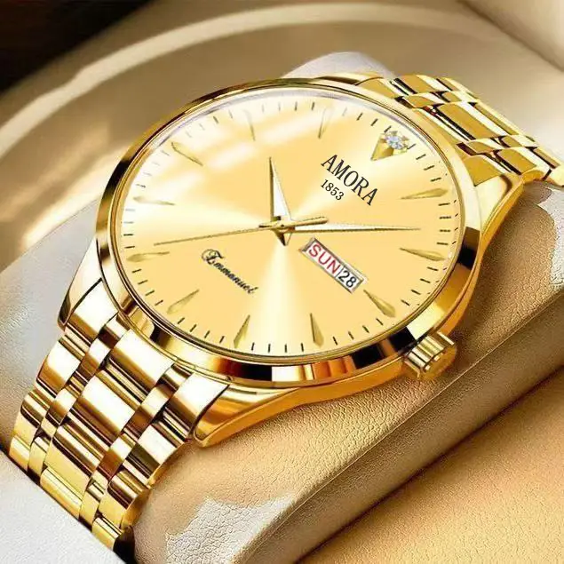 Swiss Men's Gold Quartz Watch with Calendar & Waterproof