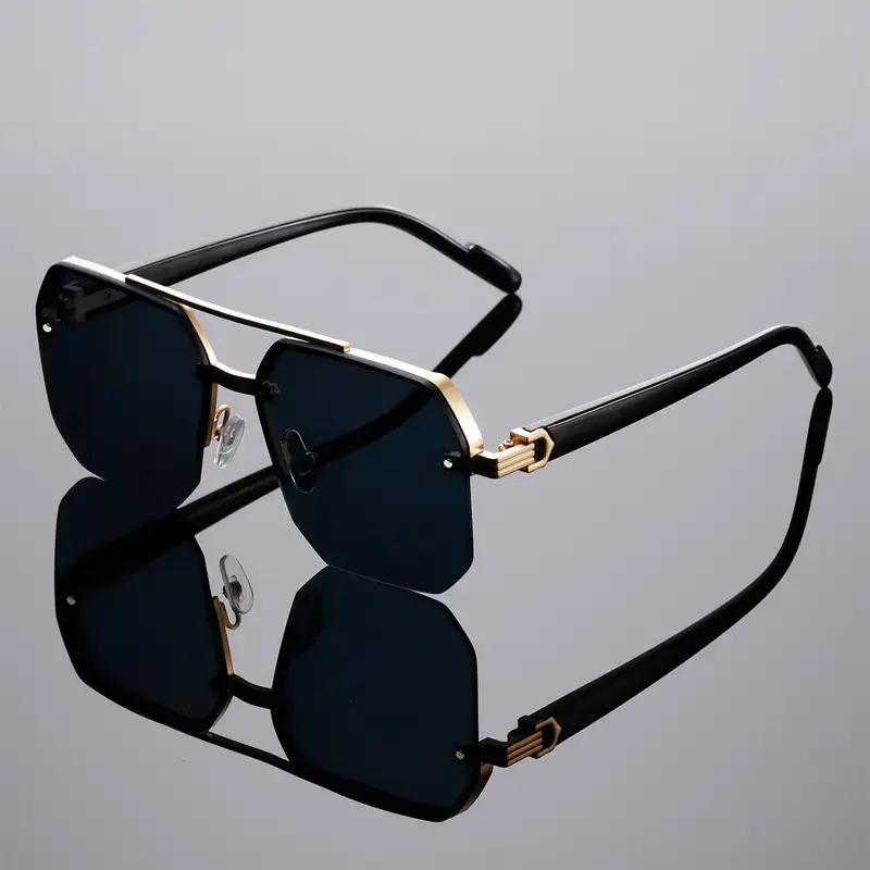 Men's Square Half Frame Sunglasses Black Anti-UV Metal - Image 12