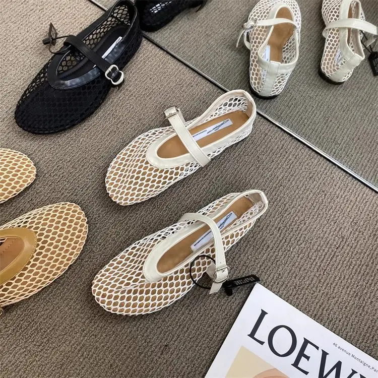 Trendy Round-Toe Ankle Strap Fishnet Sandals Ballet Shoes Women Mesh Flat Hollow Mary Jane Shoes — feature 1
