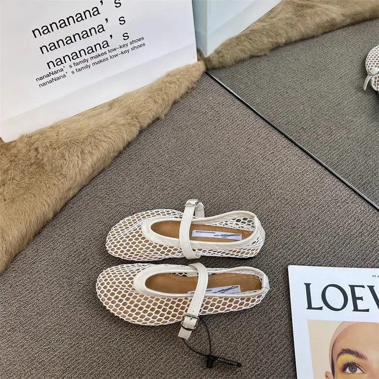 Trendy Round-Toe Ankle Strap Fishnet Sandals Ballet Shoes Women Mesh Flat Hollow Mary Jane Shoes — feature 11