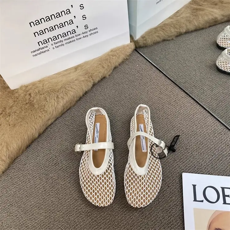 Trendy Round-Toe Ankle Strap Fishnet Sandals Ballet Shoes Women Mesh Flat Hollow Mary Jane Shoes — feature 12