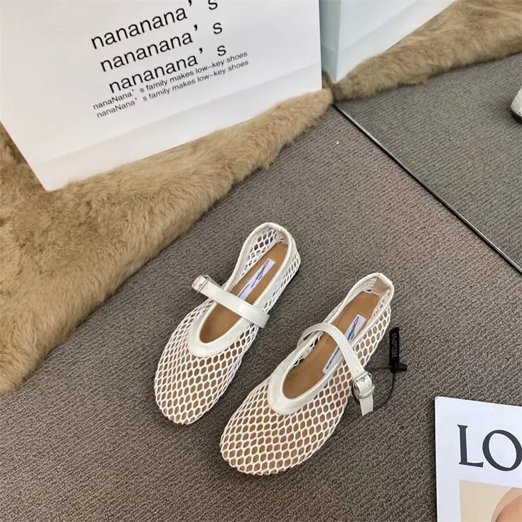 Trendy Round-Toe Ankle Strap Fishnet Sandals Ballet Shoes Women Mesh Flat Hollow Mary Jane Shoes — feature 13