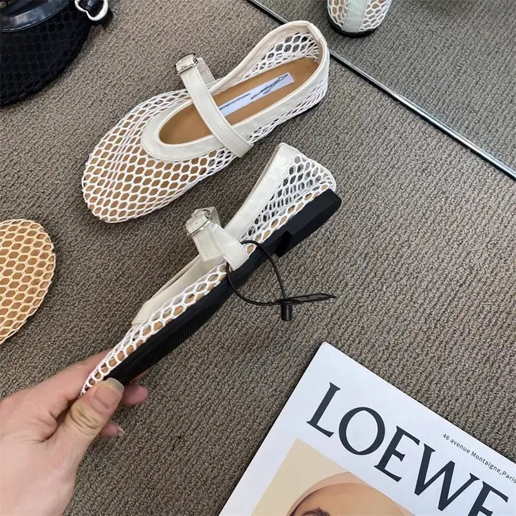 Trendy Round-Toe Ankle Strap Fishnet Sandals Ballet Shoes Women Mesh Flat Hollow Mary Jane Shoes — feature 4