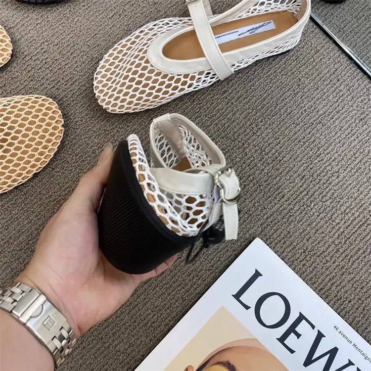 Trendy Round-Toe Ankle Strap Fishnet Sandals Ballet Shoes Women Mesh Flat Hollow Mary Jane Shoes — feature 5