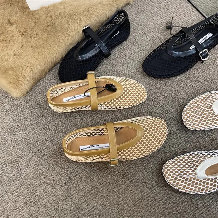 Trendy Round-Toe Ankle Strap Fishnet Sandals Ballet Shoes Women Mesh Flat Hollow Mary Jane Shoes — feature 6