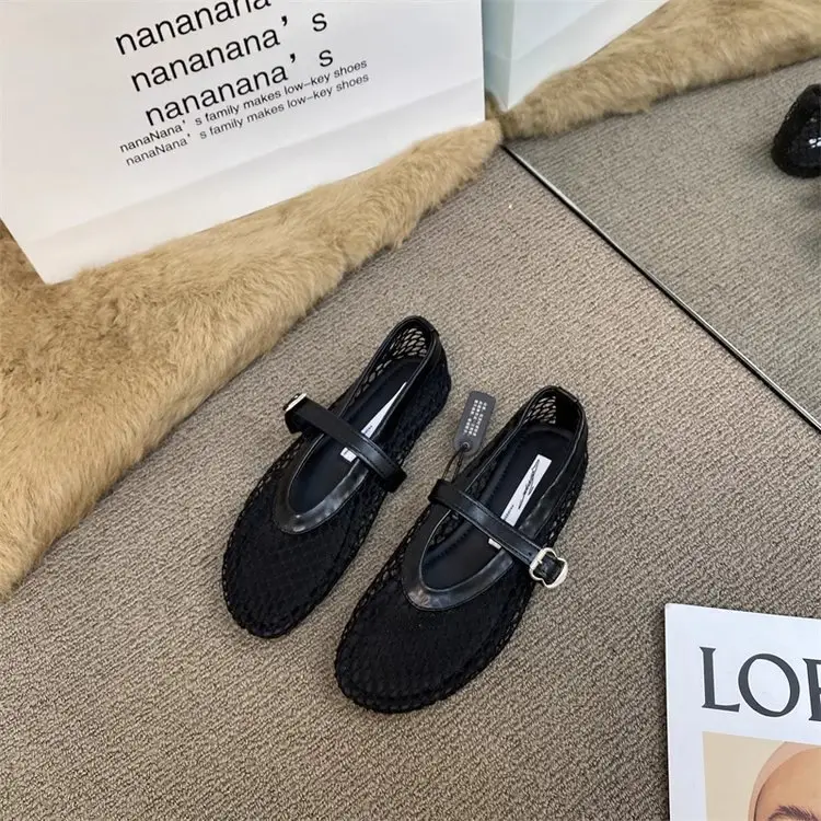 Trendy Round-Toe Ankle Strap Fishnet Sandals Ballet Shoes Women Mesh Flat Hollow Mary Jane Shoes — feature 8