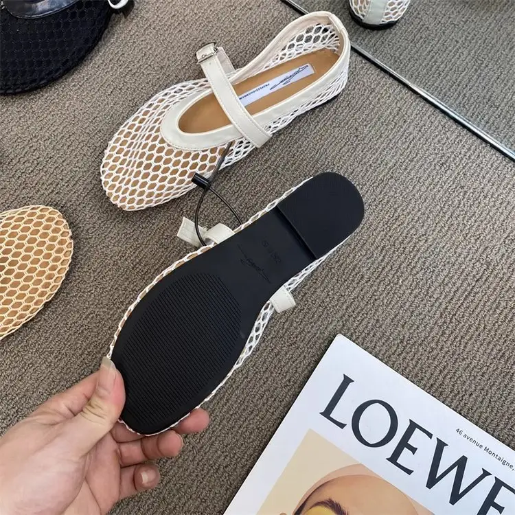 Trendy Round-Toe Ankle Strap Fishnet Sandals Ballet Shoes Women Mesh Flat Hollow Mary Jane Shoes — feature 9