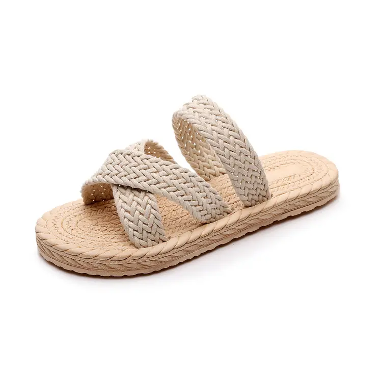 Summer Imitation Straw Travel Women's Sandals, Fashionable and Casual Outer Slippers, Beach Flat Heel Cross Women's Sandals
