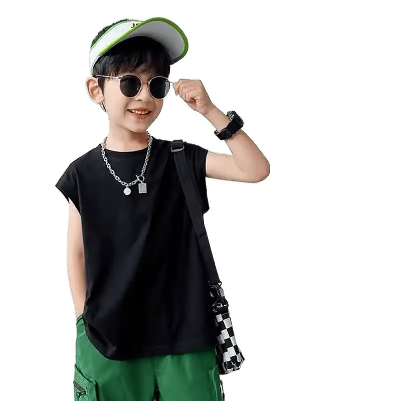 Kids Vest T-Shirt Back Collar Sleeveless Cotton Black Green - Image 5