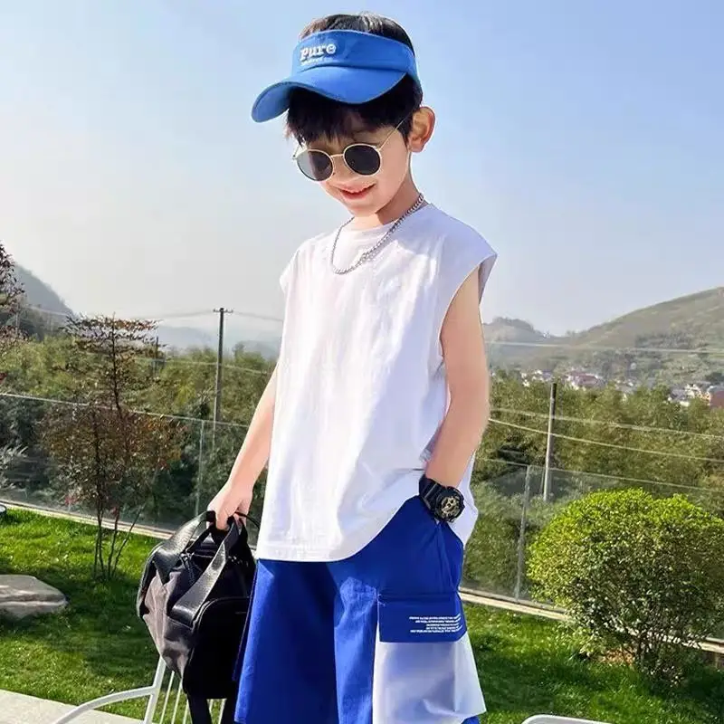 Kids Vest T-Shirt Back Collar Sleeveless Cotton Black Green — feature 3