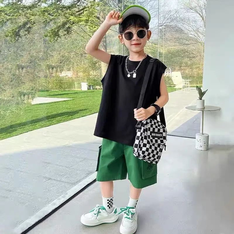 Kids Vest T-Shirt Back Collar Sleeveless Cotton Black Green — feature 4