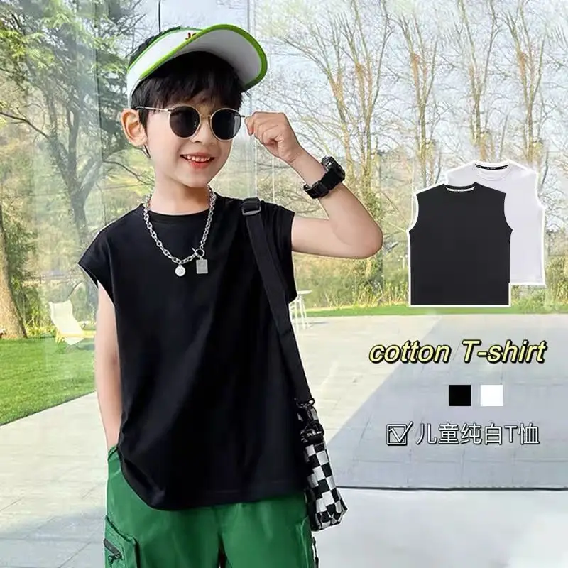 Kids Vest T-Shirt Back Collar Sleeveless Cotton Black Green — feature 5