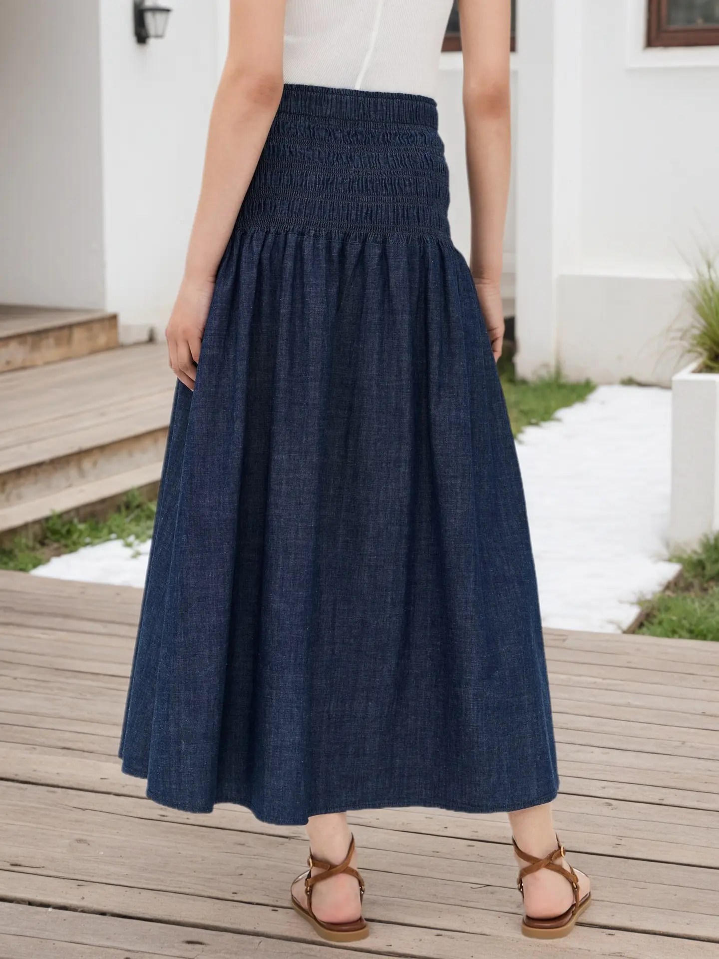 Classic Dark Blue High Waist Pleated Skirt for Women