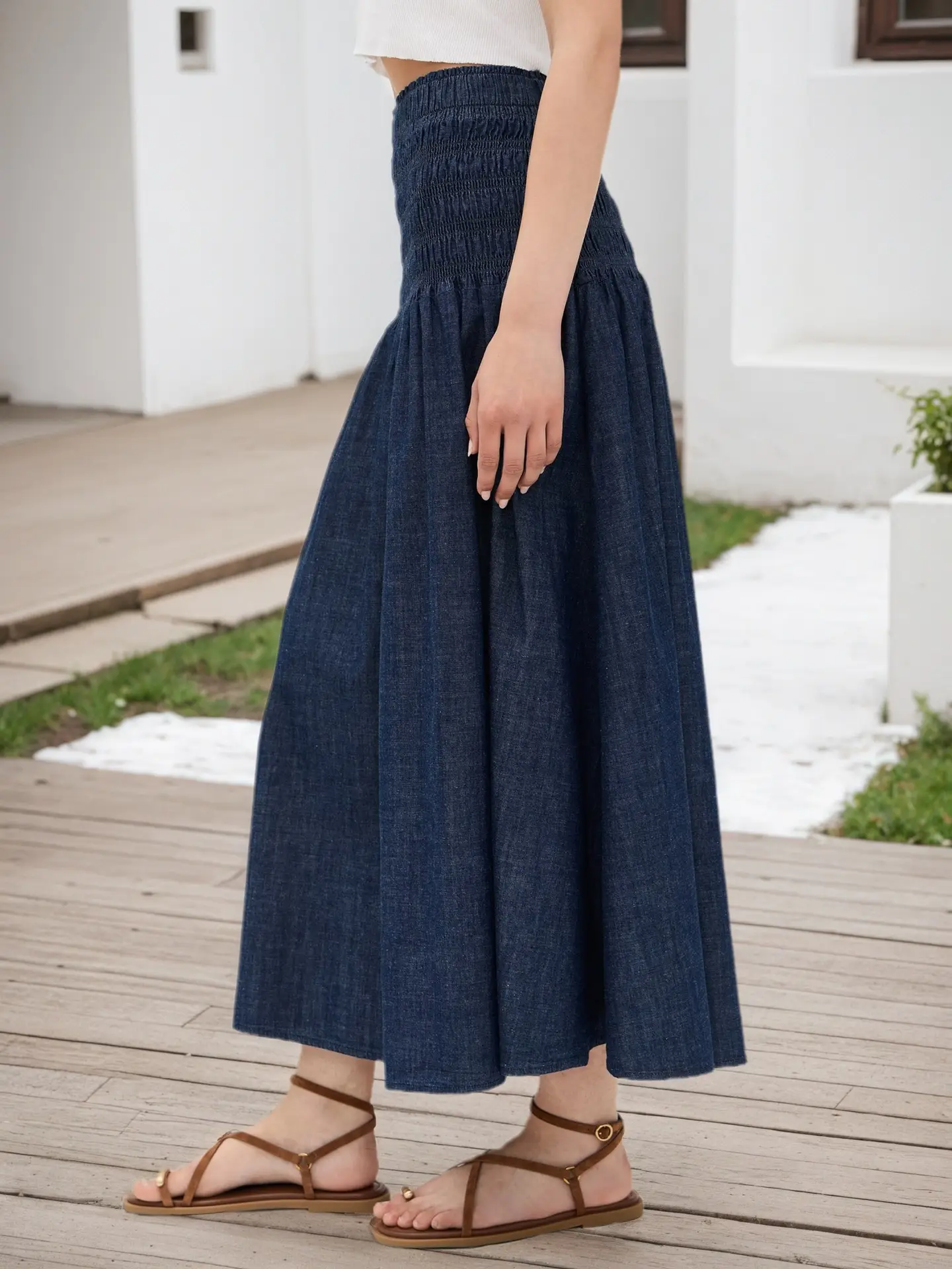 Classic Dark Blue High Waist Pleated Skirt for Women