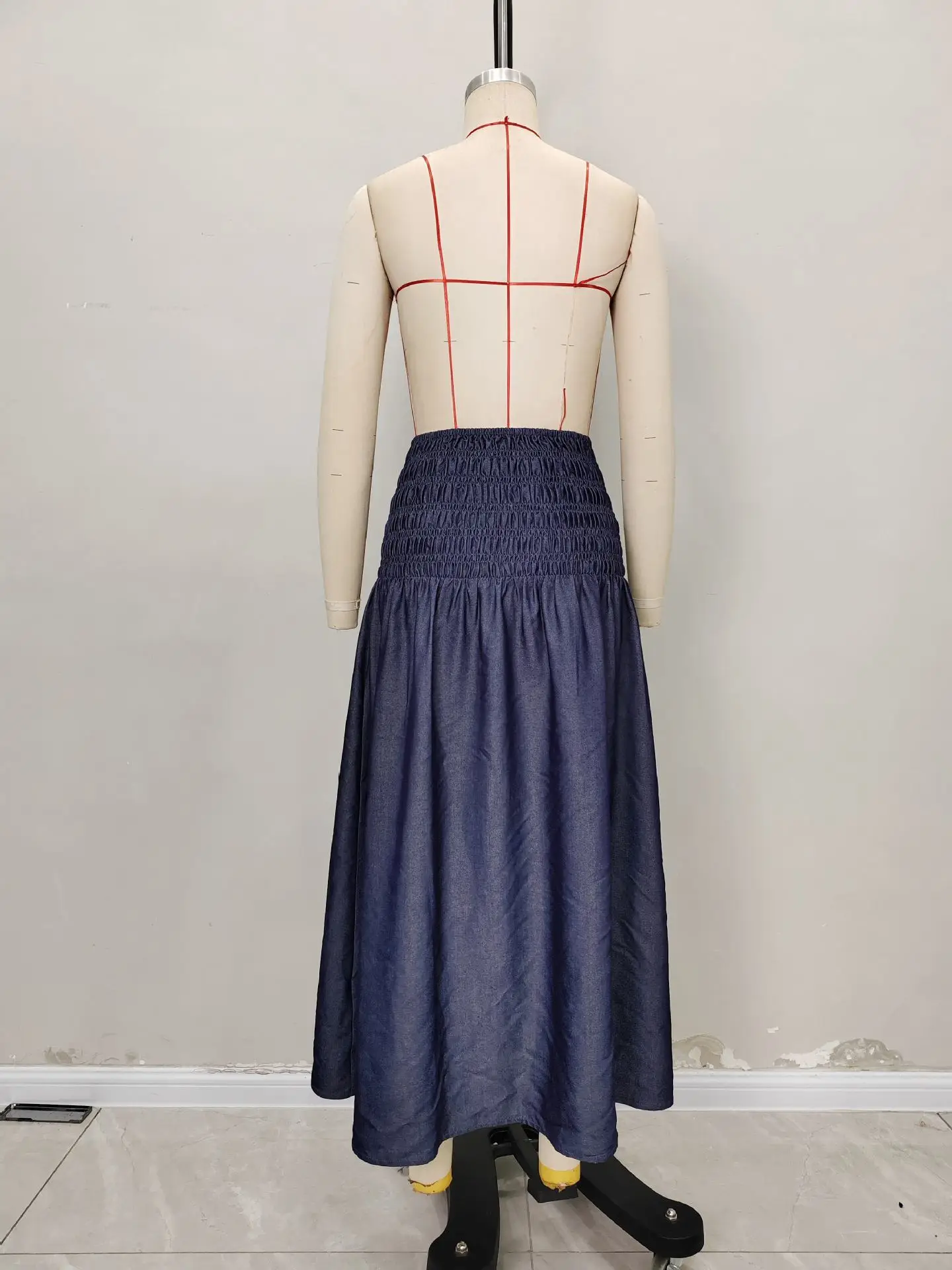 Classic Dark Blue High Waist Pleated Skirt for Women