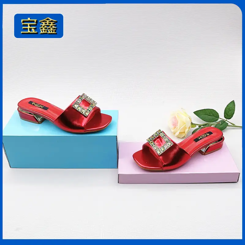 One-Line European and American Foreign Trade Large Size Rhinestone Flat Square Toe Slippers for Women to Wear Square Buckle Lightweight Beach Sandals Wholesale - Image 6