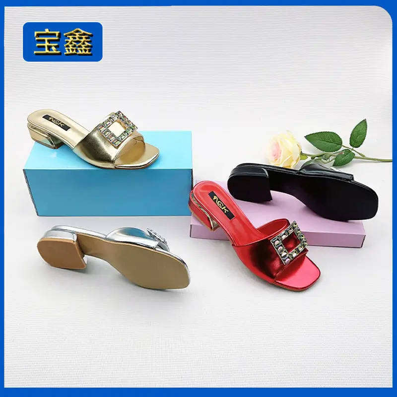 One-Line European and American Foreign Trade Large Size Rhinestone Flat Square Toe Slippers for Women to Wear Square Buckle Lightweight Beach Sandals Wholesale - Image 8