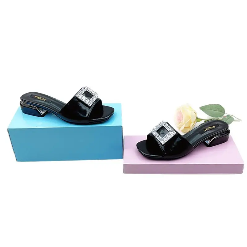 One-Line European and American Foreign Trade Large Size Rhinestone Flat Square Toe Slippers for Women to Wear Square Buckle Lightweight Beach Sandals Wholesale - Image 9